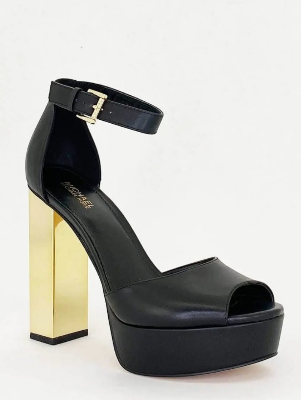 Michael Kors Black Leather Platform Sandal with Gold Heel Size 6.5